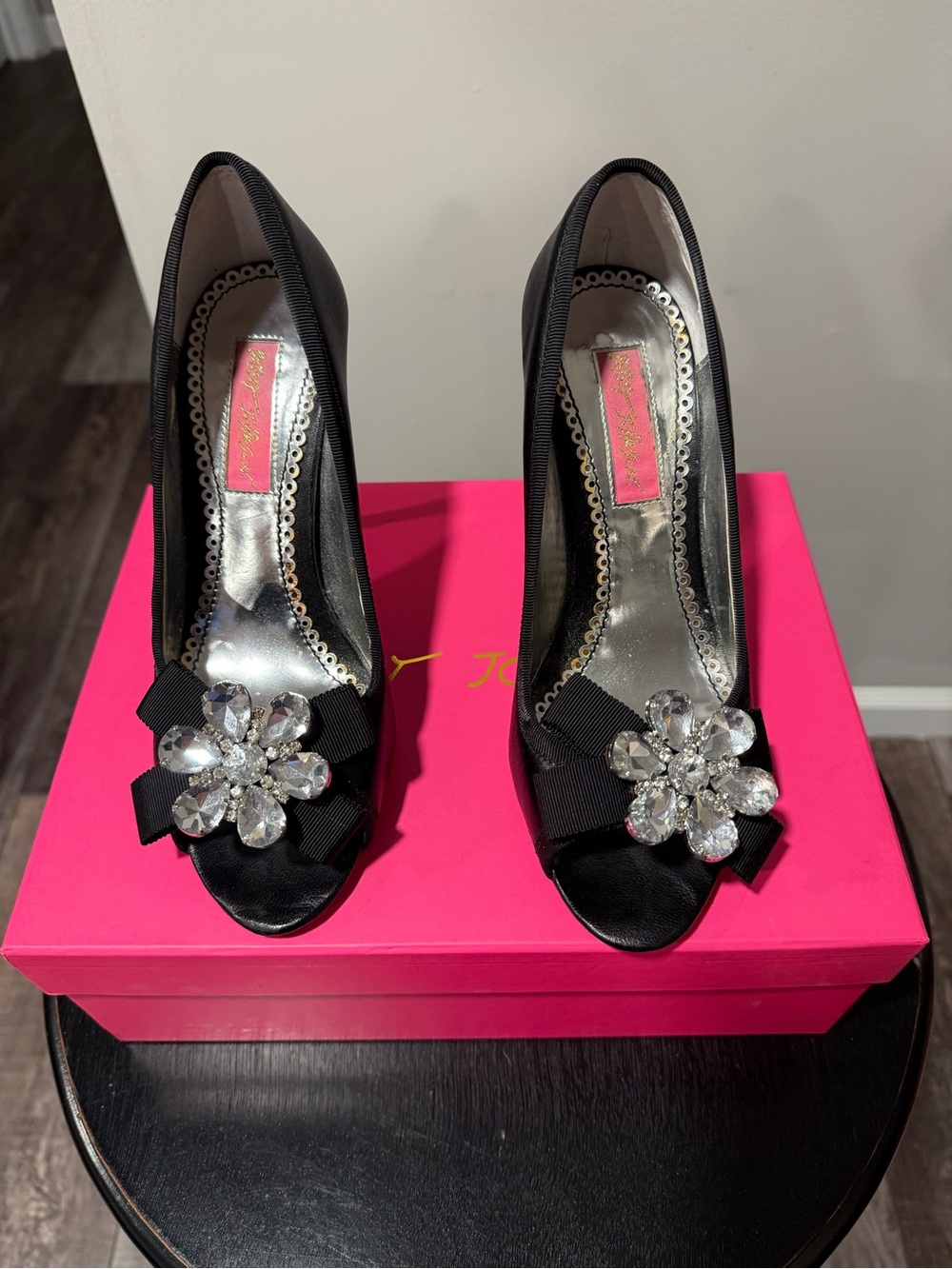 Betsey Johnson Calais Black Jeweled Bow Peep-Toe Pumps
